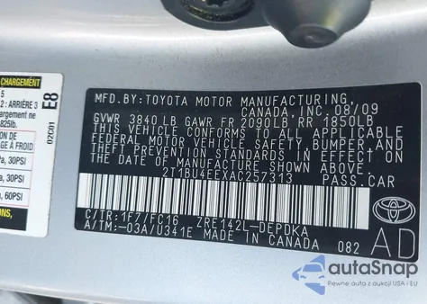 2010 Toyota Corolla Le z USA, uszkodzony, nr VIN 2T1BU4EEXAC257313